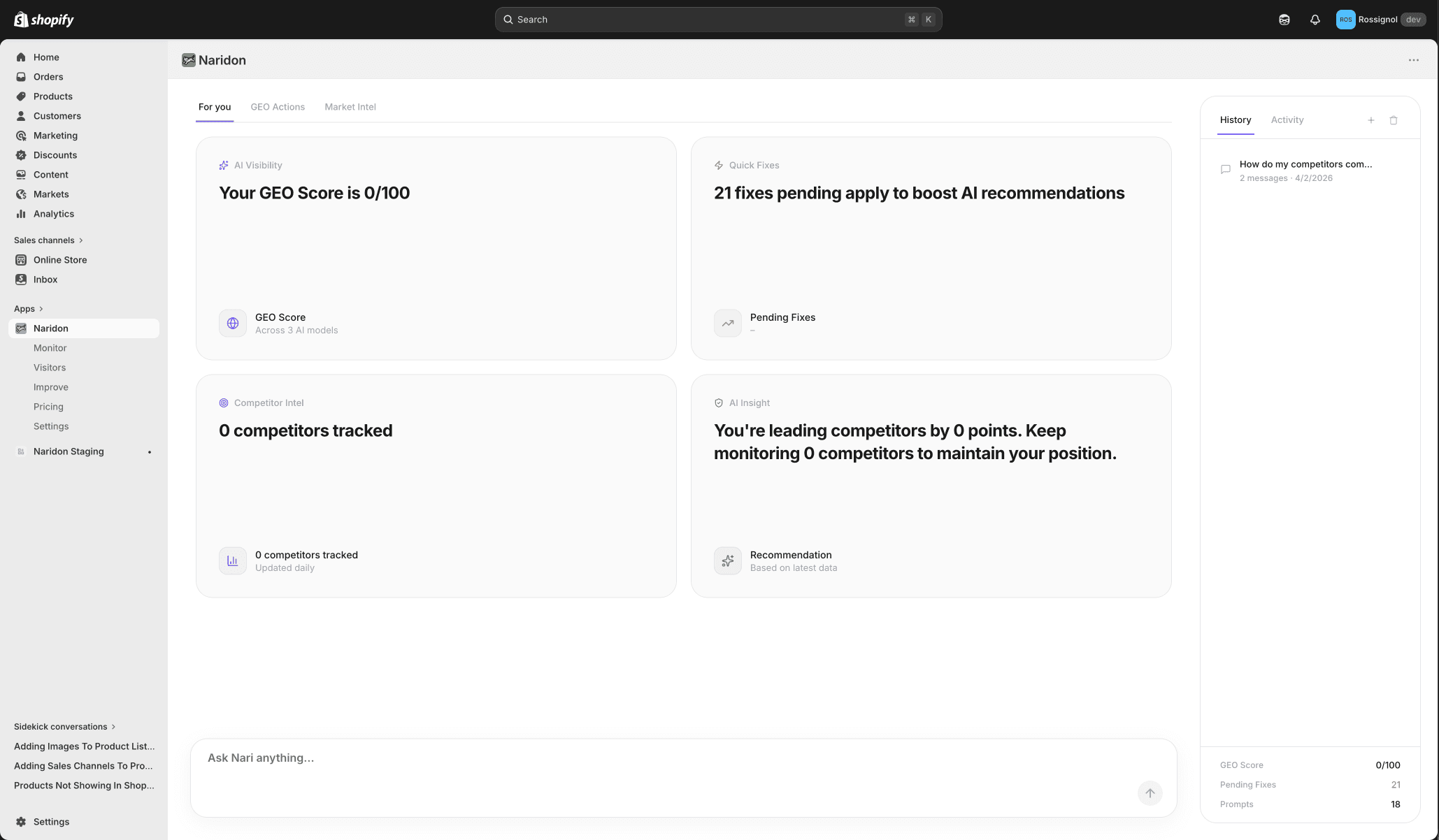 Naridon inside Shopify admin
