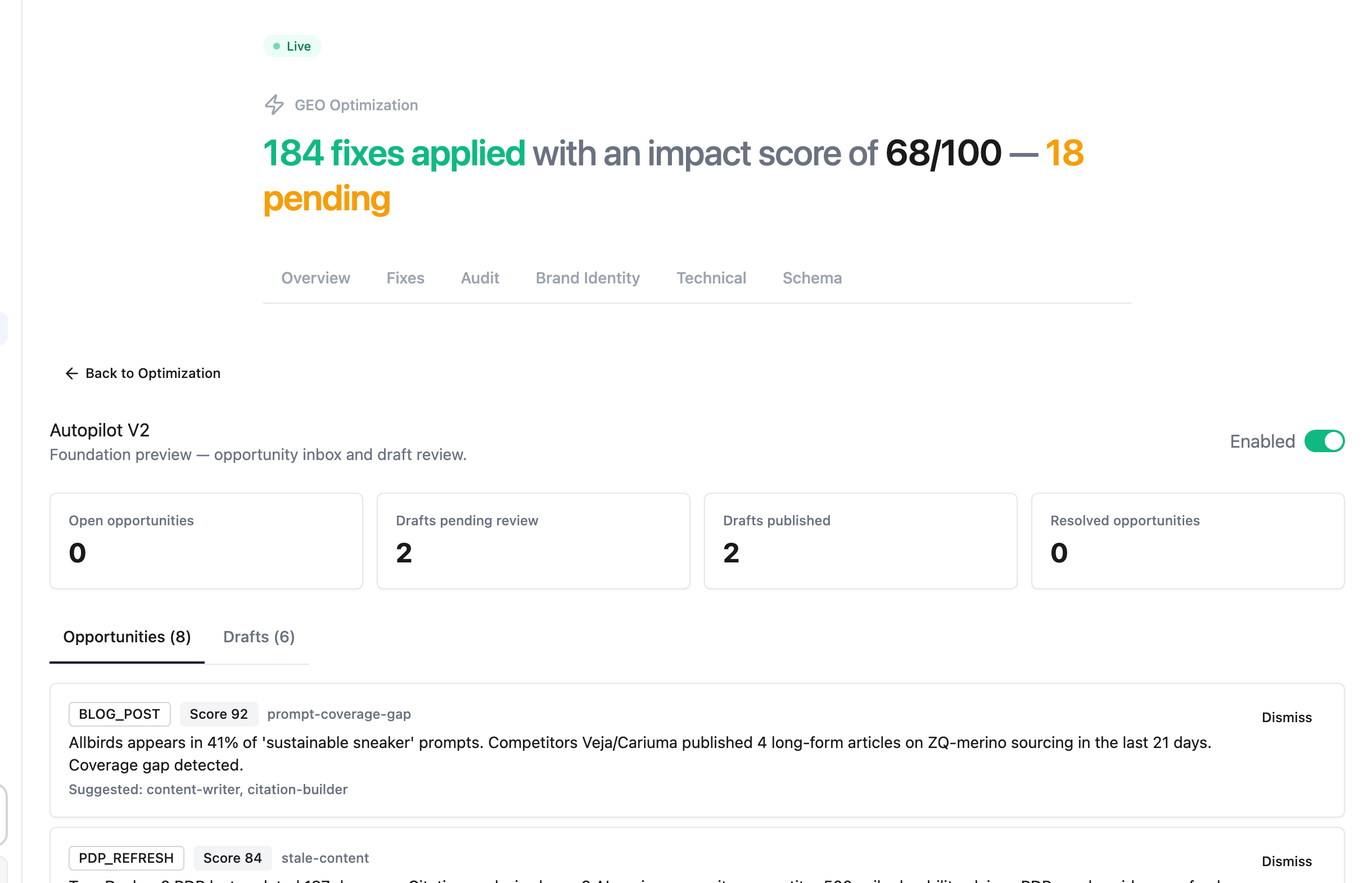 Naridon Improve — Autopilot active, fix categories, AEO score breakdown